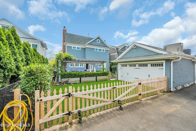 view of front of house with a fenced front yard, an attached garage, a front yard, a gate, and driveway