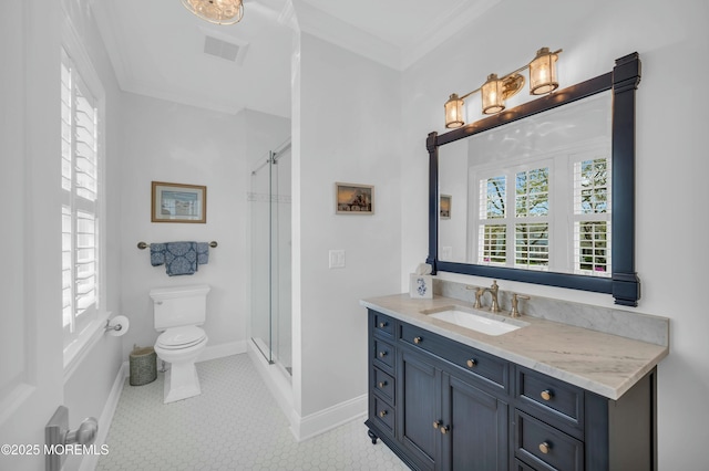 full bath with crown molding, vanity, toilet, baseboards, and a stall shower