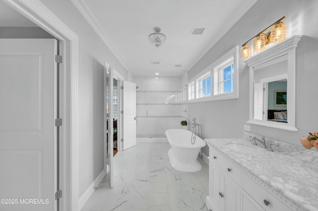 full bath with visible vents, vanity, marble finish floor, baseboards, and a shower stall