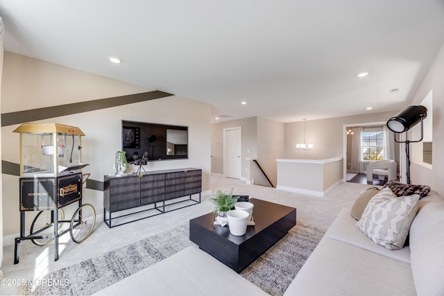 living area with carpet flooring, baseboards, and recessed lighting
