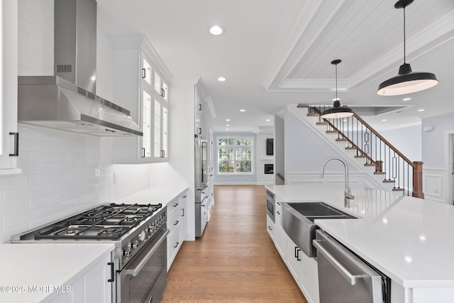 kitchen with ornamental molding, wall chimney exhaust hood, appliances with stainless steel finishes, and a sink