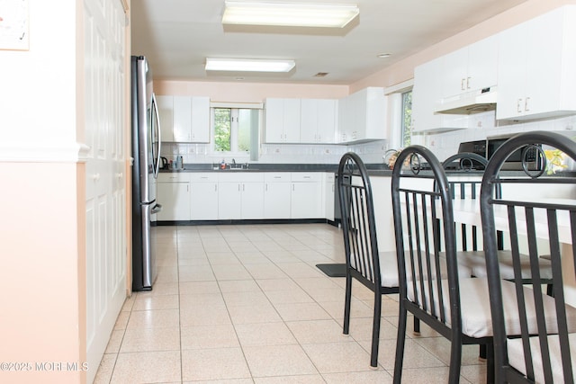 1150 Buckwald Ct, Lakewood, NJ 08701 - kitchen featuring freestanding refrigerator, under cabinet range hood, dark countertops, backsplash, and a sink