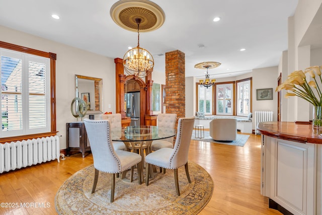 44 Irving Pl, Red Bank, NJ 07701 - dining room featuring recessed lighting, radiator heating unit, baseboards, light wood-style flooring, and a notable chandelier