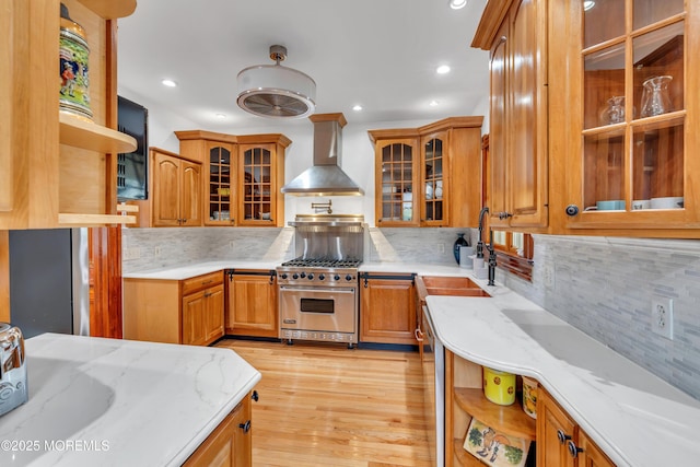 44 Irving Pl, Red Bank, NJ 07701 - kitchen with a sink, designer stove, decorative backsplash, wall chimney range hood, and open shelves