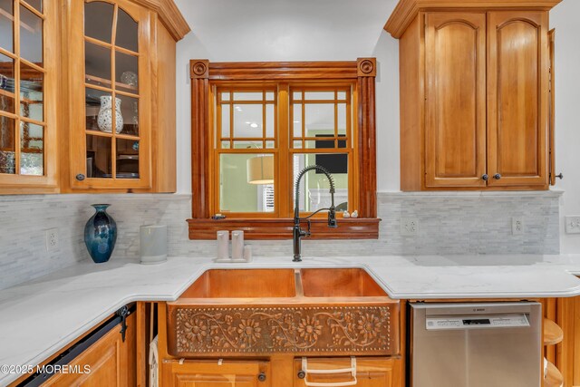 44 Irving Pl, Red Bank, NJ 07701 - kitchen with glass insert cabinets, stainless steel dishwasher, decorative backsplash, and a sink