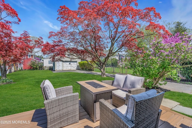 44 Irving Pl, Red Bank, NJ 07701 - wooden deck with a lawn, outdoor lounge area, an outbuilding, and fence
