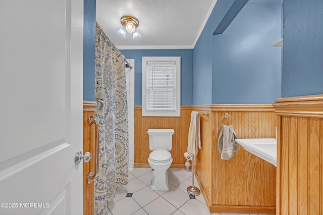 316 Rte 37, Seaside Heights, NJ 08751 - bathroom with curtained shower, crown molding, a wainscoted wall, toilet, and tile patterned floors