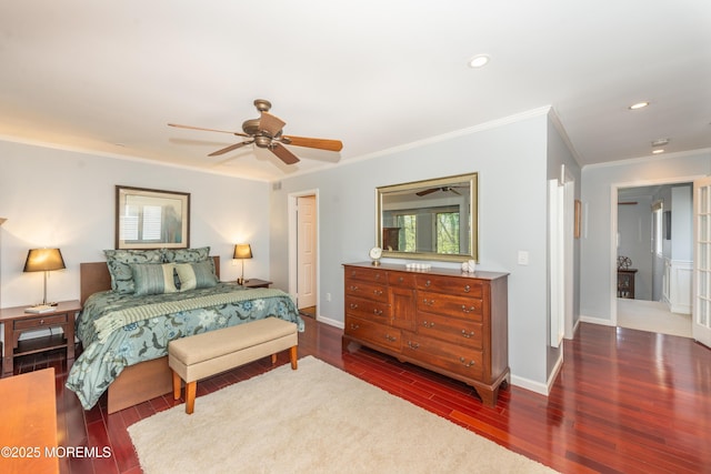 bedroom featuring a ceiling fan, wood finished floors, baseboards, ornamental molding, and recessed lighting