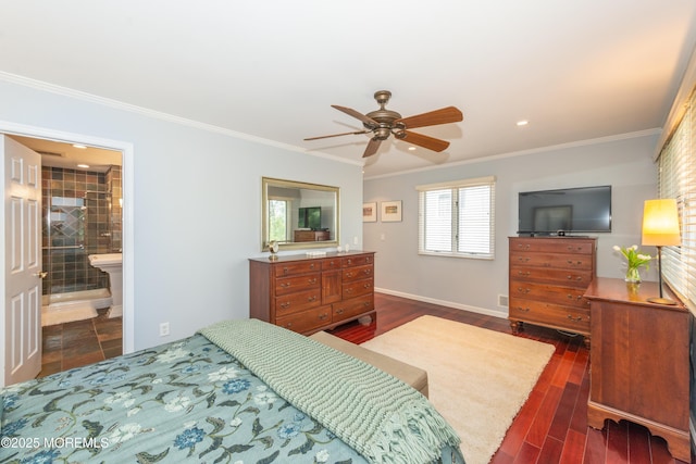 bedroom with crown molding, recessed lighting, ceiling fan, and dark wood finished floors