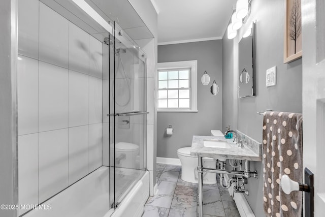 109 Capstan Ave, Beachwood, NJ 08722 - full bath with toilet, marble finish floors, baseboards, ornamental molding, and combined bath / shower with glass door