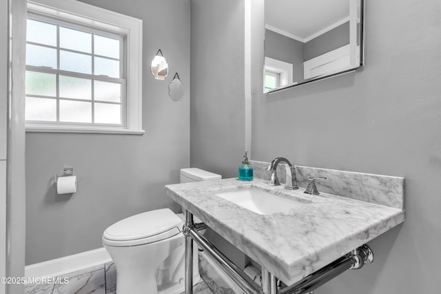 109 Capstan Ave, Beachwood, NJ 08722 - bathroom with a sink, toilet, crown molding, marble finish floors, and baseboards