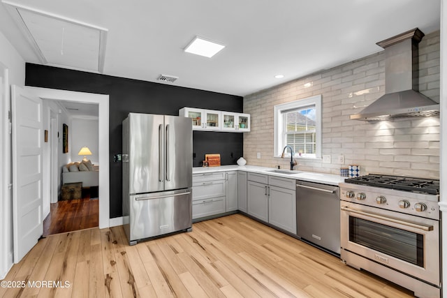 109 Capstan Ave, Beachwood, NJ 08722 - kitchen featuring appliances with stainless steel finishes, wall chimney exhaust hood, a sink, gray cabinets, and light countertops