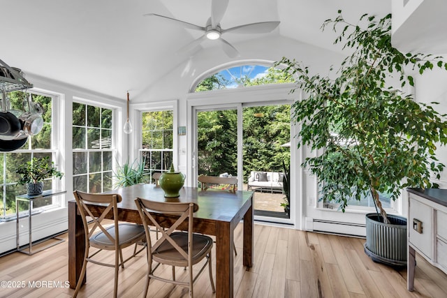 109 Capstan Ave, Beachwood, NJ 08722 - sunroom / solarium featuring a baseboard heating unit, a wooden deck, lofted ceiling, and wood finished floors