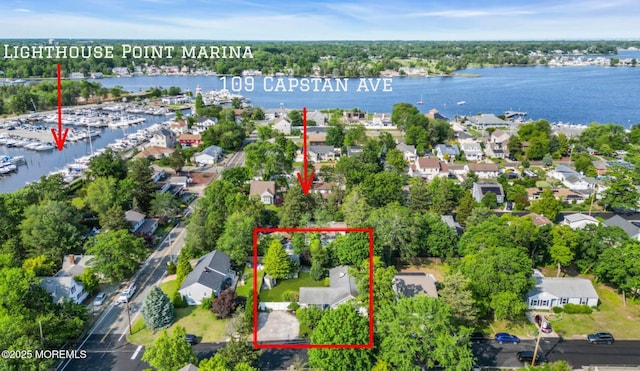 109 Capstan Ave, Beachwood, NJ 08722 - aerial overview of property's location featuring a nearby body of water, property boundaries highlighted, and a notable bridge