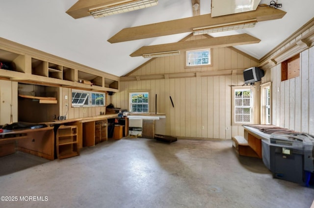 109 Capstan Ave, Beachwood, NJ 08722 - office space featuring a workshop area, concrete floors, wooden walls, and plenty of natural light