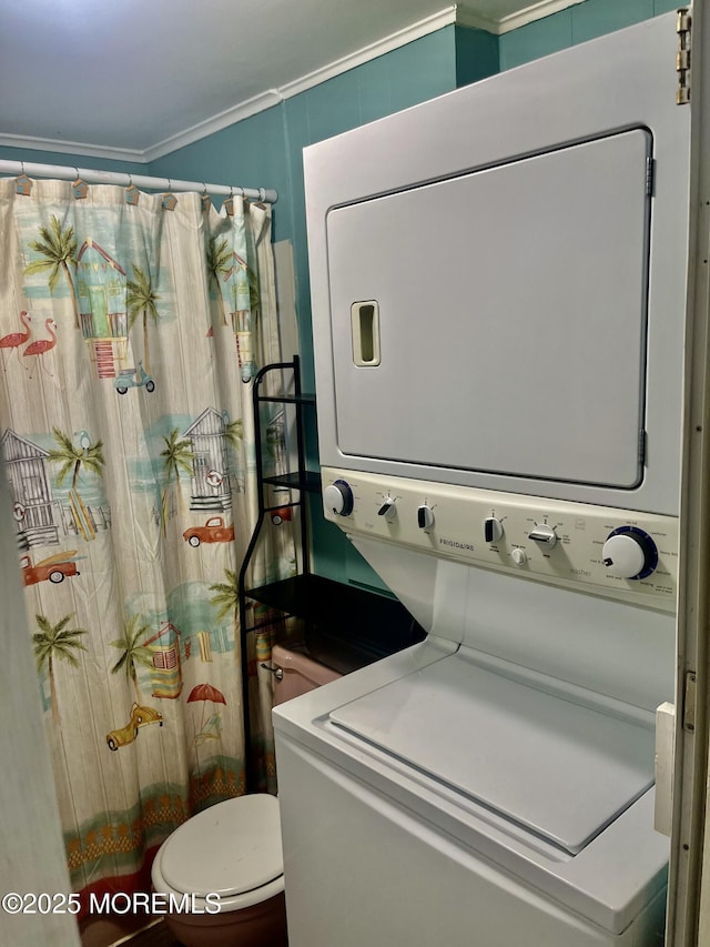5 B Trl, Brick, NJ 08724 - washroom with stacked washer / drying machine and crown molding