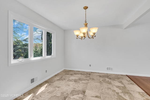 unfurnished dining area with a chandelier, visible vents, baseboards, and stone finish flooring