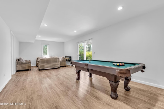 playroom featuring baseboards, recessed lighting, pool table, and light wood-type flooring