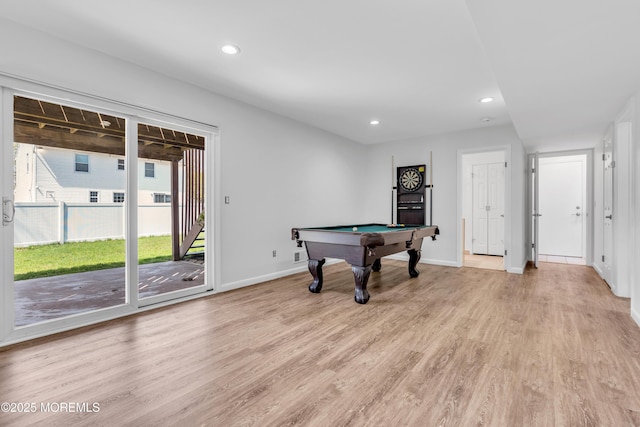 rec room featuring billiards, recessed lighting, baseboards, and light wood-style floors