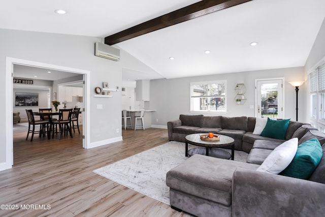 living room with a wall unit AC, baseboards, recessed lighting, wood finished floors, and vaulted ceiling with beams