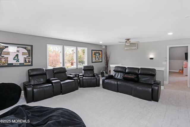 cinema featuring recessed lighting, a wall unit AC, ceiling fan, and light colored carpet