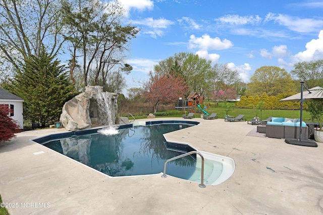 view of swimming pool featuring fence, a fenced in pool, a playground, and a patio area