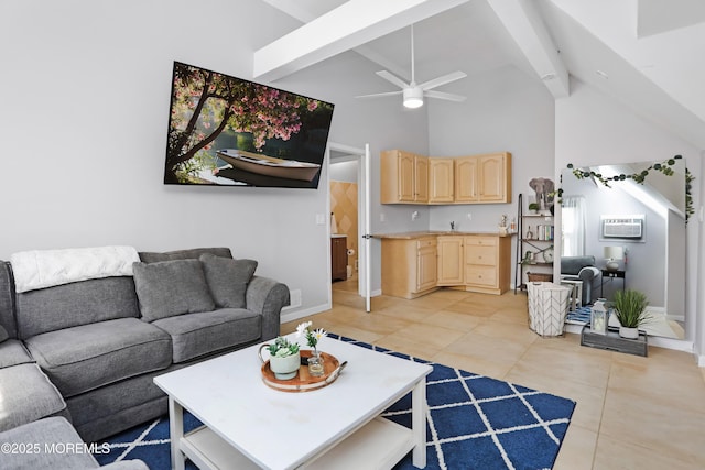 living area featuring light tile patterned floors, ceiling fan, baseboards, beam ceiling, and a wall mounted AC