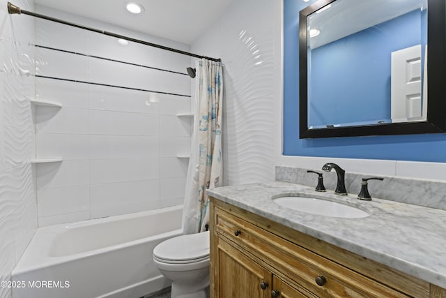 full bathroom with recessed lighting, vanity, shower / bath combo, and toilet