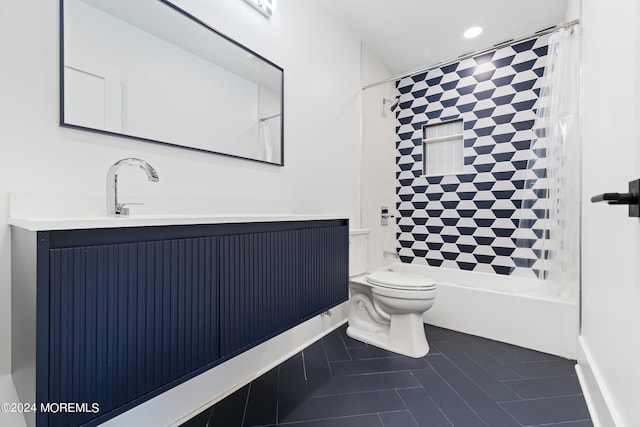 bathroom featuring bathing tub / shower combination, toilet, recessed lighting, tile patterned flooring, and vanity