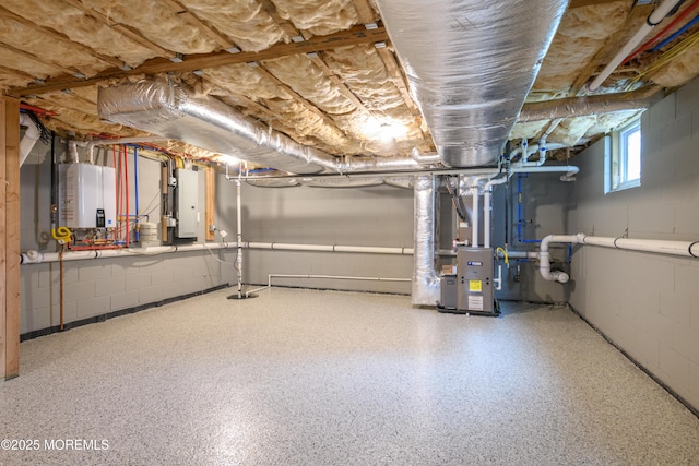 128 Church St, Keyport, NJ 07735 - basement featuring concrete block wall, electric panel, water heater, and heating unit