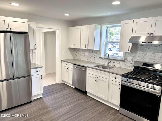 267 State Route 36, Hazlet, NJ 07730 - kitchen with decorative backsplash, a sink, under cabinet range hood, stainless steel appliances, and white cabinetry