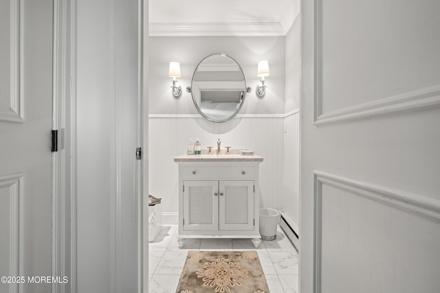 104 Lake Dr, Allenhurst, NJ 07711 - bathroom featuring crown molding, vanity, marble finish floor, wainscoting, and baseboard heating