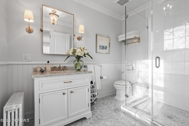 104 Lake Dr, Allenhurst, NJ 07711 - bathroom with crown molding, radiator heating unit, visible vents, and a shower stall