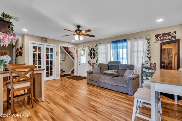 1915 Red Cedar St, Toms River, NJ 08753 - living room featuring recessed lighting, a ceiling fan, stairway, and light wood-type flooring