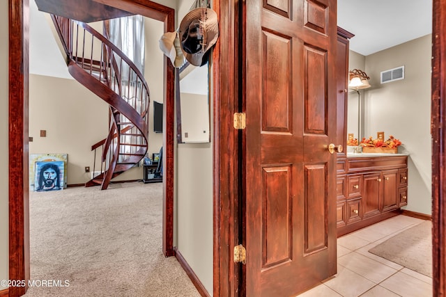 1915 Red Cedar St, Toms River, NJ 08753 - hall featuring stairway, light tile patterned floors, light carpet, baseboards, and visible vents
