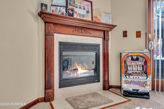 1915 Red Cedar St, Toms River, NJ 08753 - interior details featuring baseboards, a tile fireplace, and carpet flooring