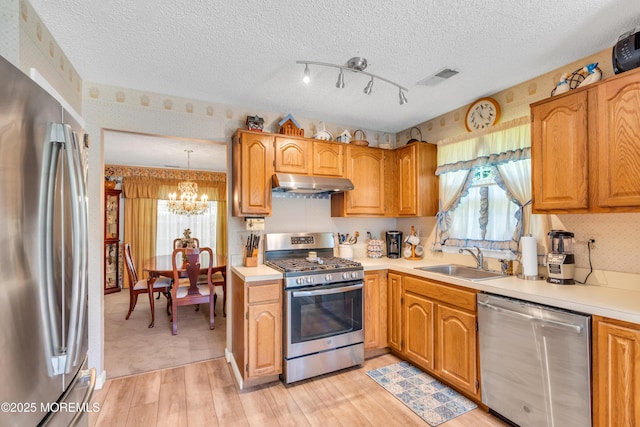 44 Sacramento Way, Tinton Falls, NJ 07712 - kitchen featuring appliances with stainless steel finishes, wallpapered walls, under cabinet range hood, a chandelier, and plenty of natural light