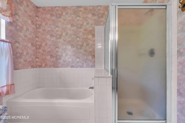 44 Sacramento Way, Tinton Falls, NJ 07712 - bathroom featuring a shower stall, a garden tub, and wallpapered walls