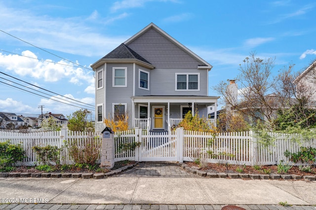 victorian house with a gate, covered porch, and a fenced front yard