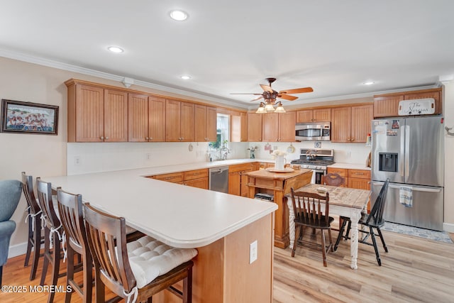 kitchen featuring crown molding, ceiling fan, light countertops, stainless steel appliances, and a peninsula