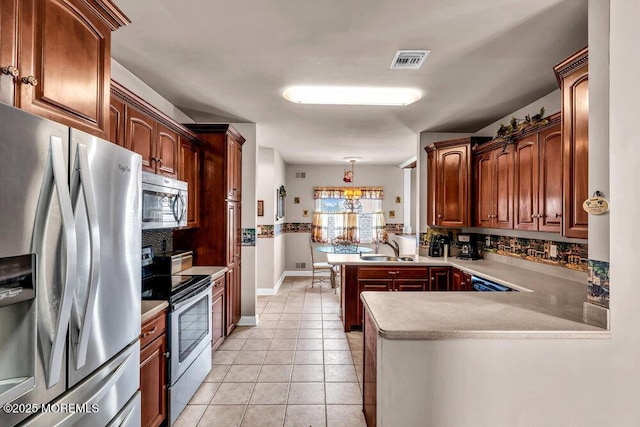 kitchen with appliances with stainless steel finishes, light countertops, a peninsula, decorative backsplash, and visible vents