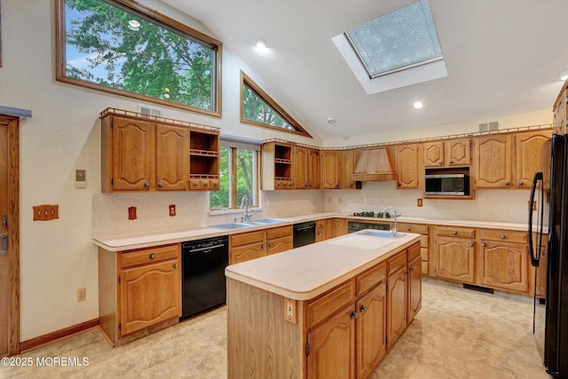 159 Koster Dr, Freehold, NJ 07728 - kitchen featuring black appliances, a sink, a kitchen island, open shelves, and a skylight