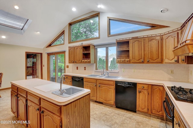 159 Koster Dr, Freehold, NJ 07728 - kitchen with black appliances, open shelves, a sink, an island with sink, and high vaulted ceiling