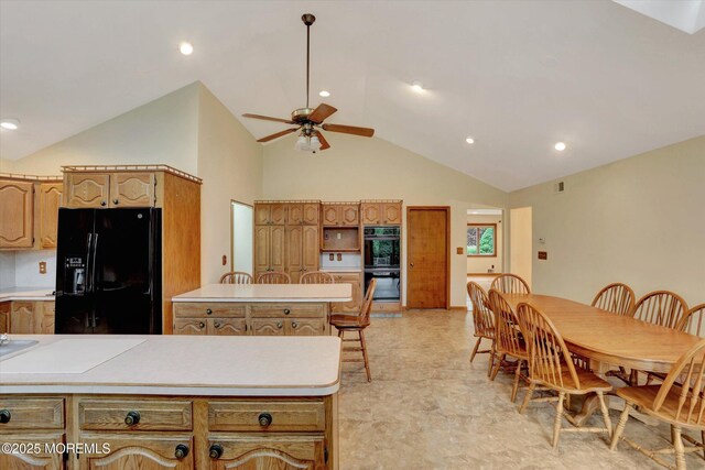 159 Koster Dr, Freehold, NJ 07728 - kitchen with black appliances, light countertops, a ceiling fan, recessed lighting, and high vaulted ceiling