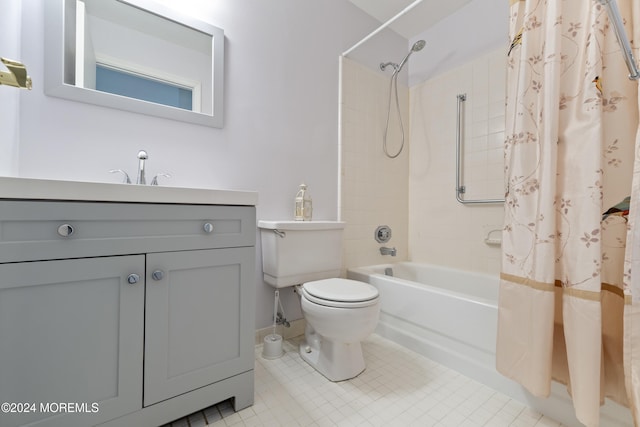bathroom with vanity, baseboards, toilet, tile patterned flooring, and shower / bath combo with shower curtain