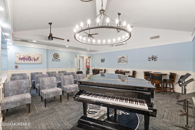 miscellaneous room featuring vaulted ceiling, visible vents, and ceiling fan with notable chandelier