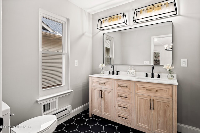 bathroom featuring a sink, tile patterned floors, toilet, and visible vents
