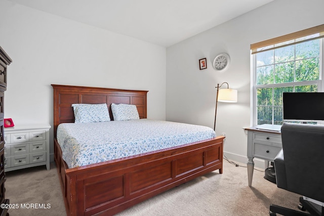 bedroom with light colored carpet