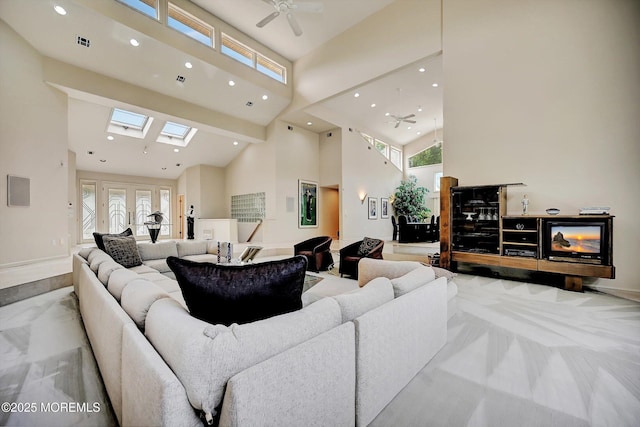 44 Nikki Ct, Morganville, NJ 07751 - living room with baseboards, recessed lighting, a ceiling fan, and a high ceiling