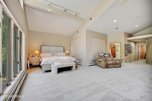 44 Nikki Ct, Morganville, NJ 07751 - bedroom with high vaulted ceiling, light colored carpet, and a baseboard radiator